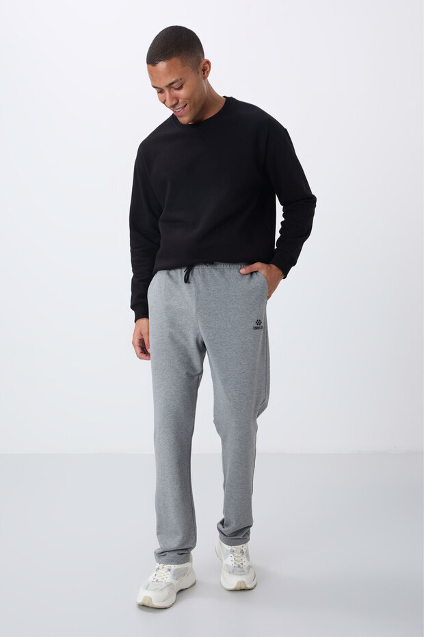 Gray Melange Lace-Up Pocket Standard Fit Classic Leg Men's Tracksuit Bottom - 84682