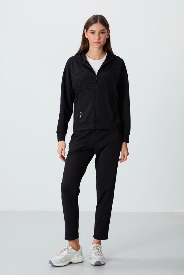 Black Hooded Hidden Pocket Detailed Standard Size Women's Tracksuit Set - 95306