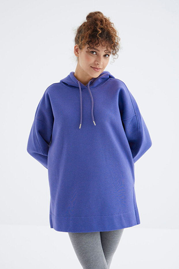 Eflatun Reglan Kol Basic Kapüşonlu Oversize Sweatshirt Tunik - 97242 - 6