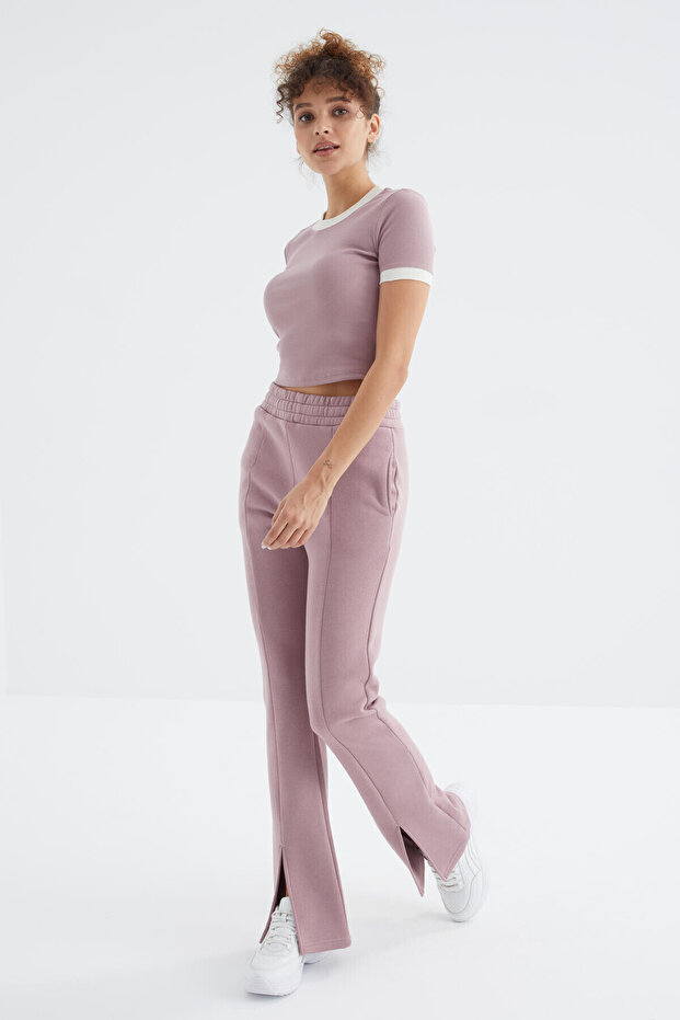 Dusty Rose High Waist Front Slit Detailed Comfortable Form Women's Tracksuit Bottom with Side Pockets - 94625