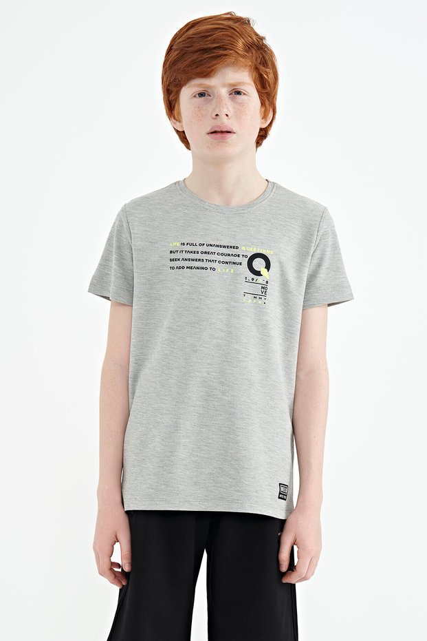 Gray Melange Print Detailed O Neck Standard Fit Boys T-Shirt - 11145