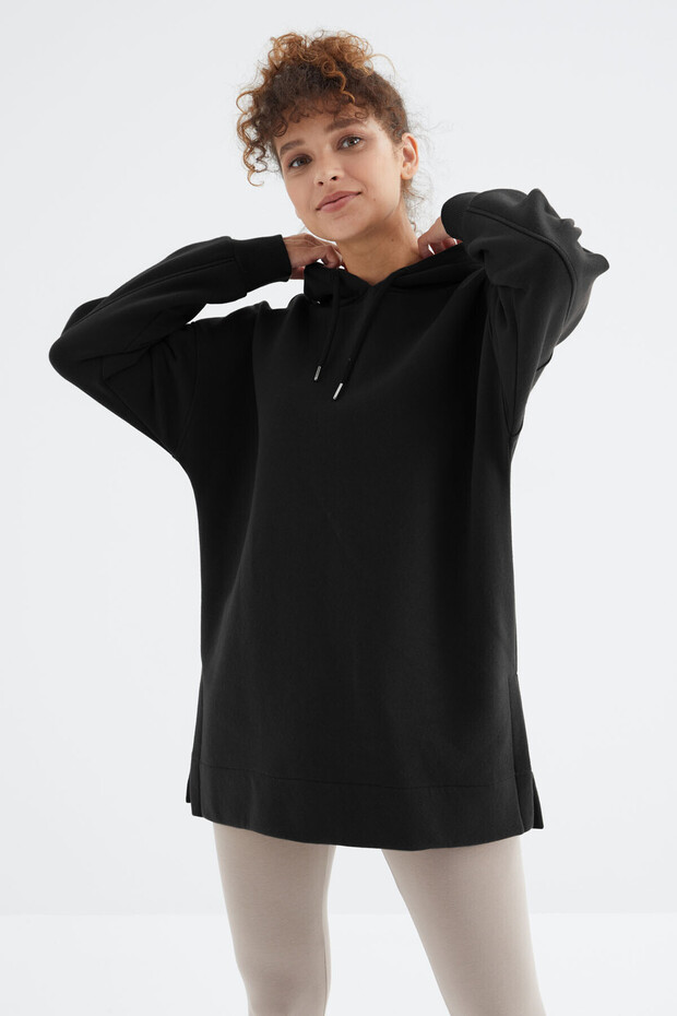 Siyah Reglan Kol Basic Kapüşonlu Oversize Sweatshirt Tunik - 97242 - 3