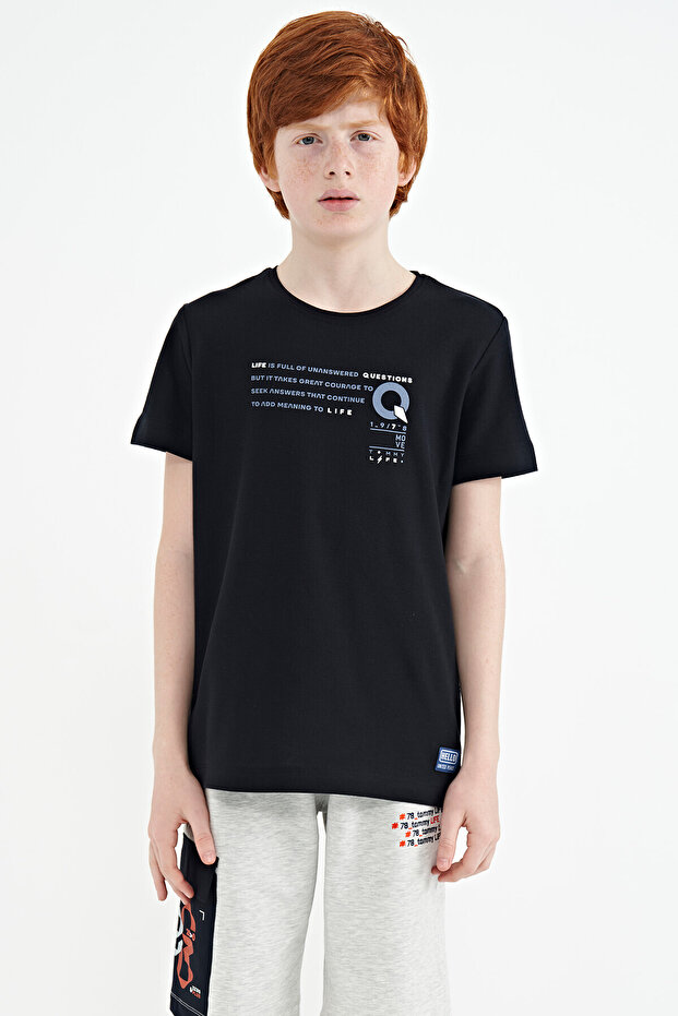 Navy Blue Print Detailed O Neck Standard Fit Boy's T-Shirt - 11145