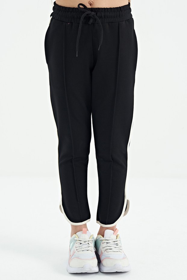 Black Piping Detailed Lace-Up Front Ribbed Wide Leg Girls' Sweatpants - 75124