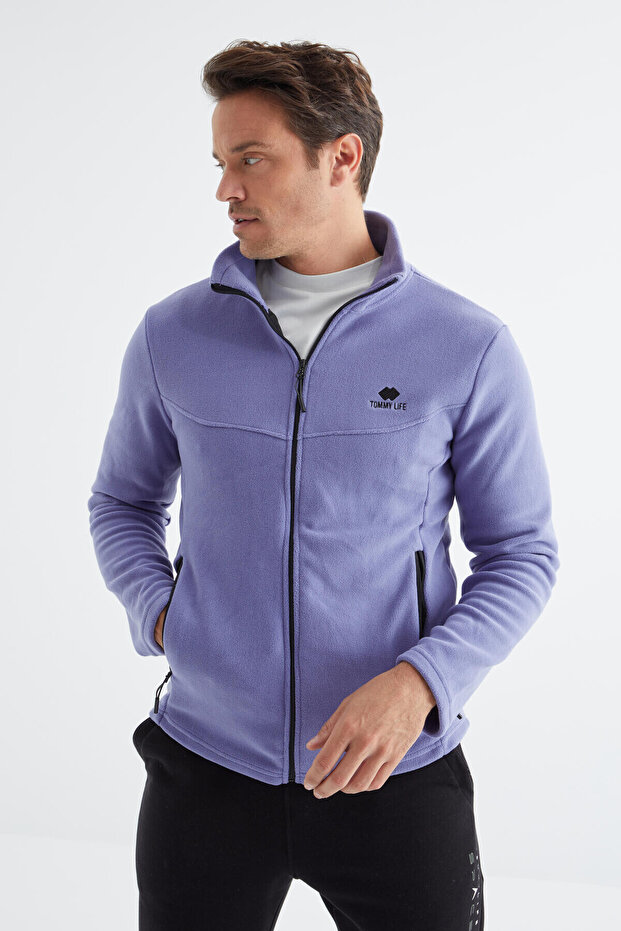 Light Purple Zippered Stand Collar Standard Fit Men's Fleece Sweatshirt - 88134
