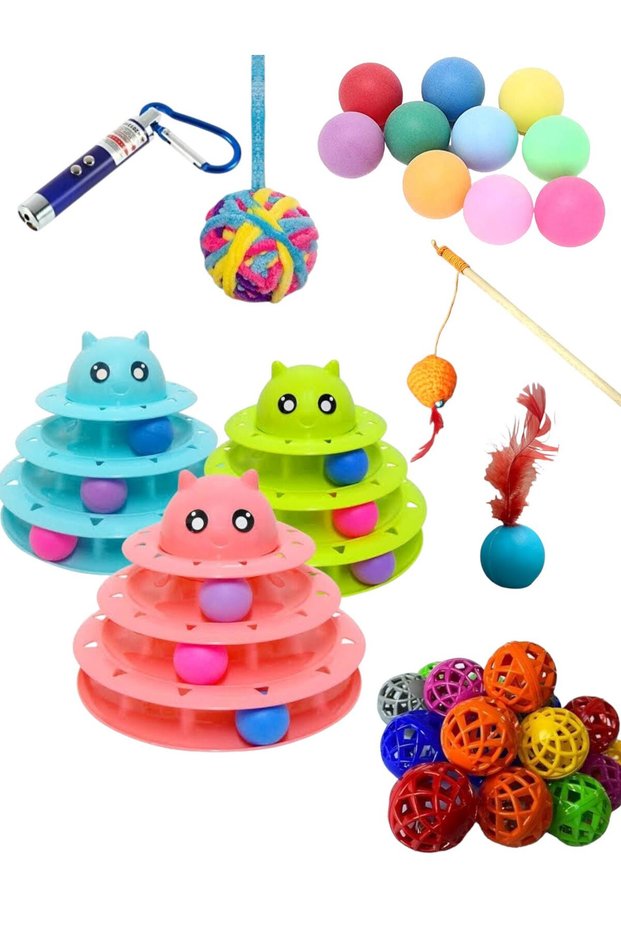 8 in 1 Cat Play Set: 3-Layer Toy-Laser-Fishing Rod-Bone Ball-Feather Ball