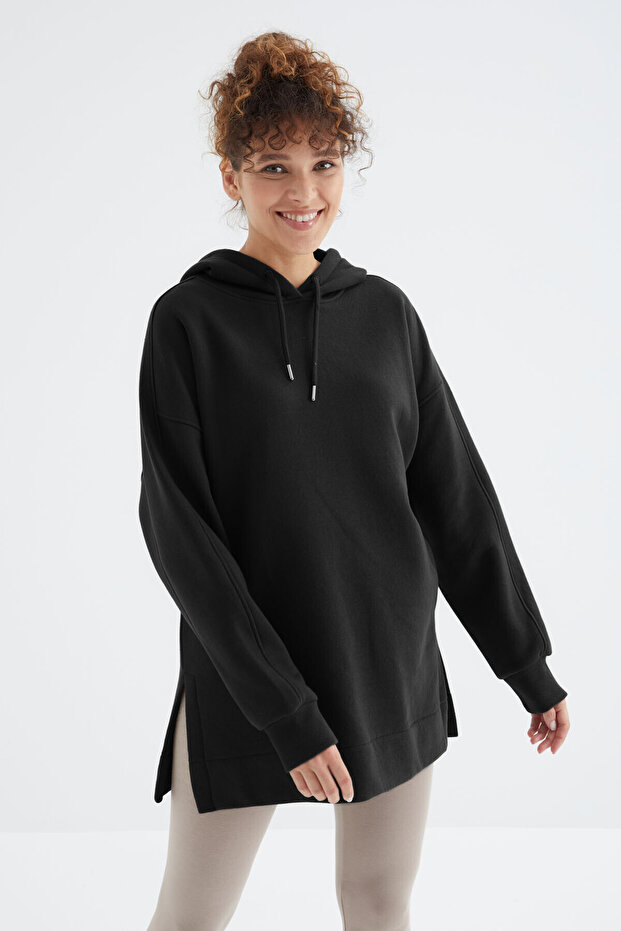 Siyah Reglan Kol Basic Kapüşonlu Oversize Sweatshirt Tunik - 97242 - 1