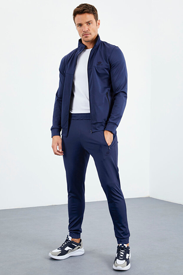 Indigo Mock Neck Zip-Up Standard Fit Cuffed Men's Tracksuit Set - 85160