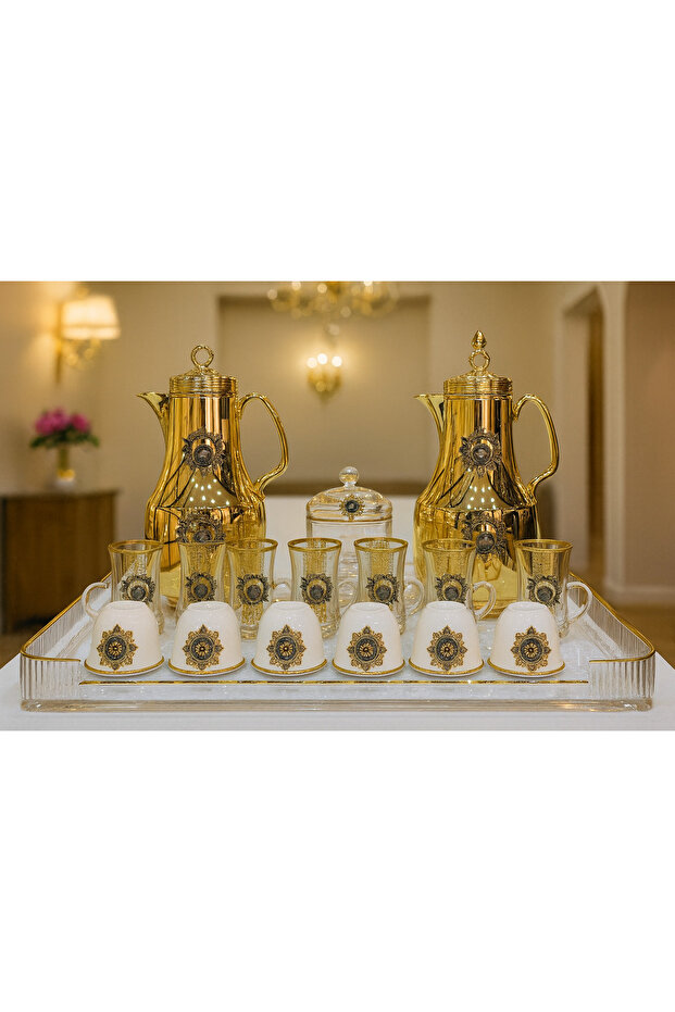 22 Pieces Arabic Tea & Coffee Set with Tray - 2 White Gold Thermos, 6 Cawa Cups, 6 Tea Cups, 6 Sauce