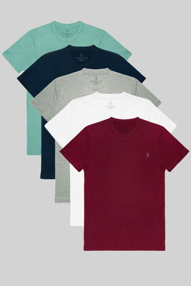 Men's Crew Neck Regular Fit Basic 5-Piece T-Shirt Burgundy-White-Grimelange-Navy-Cagla