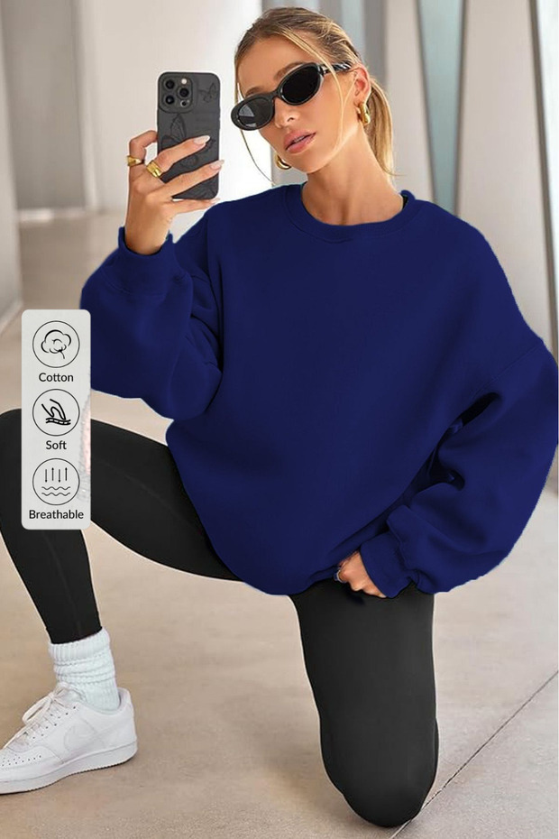 Kadın Bisiklet Yaka Basic Oversize Sweatshirt SAKS MAVİ - 3