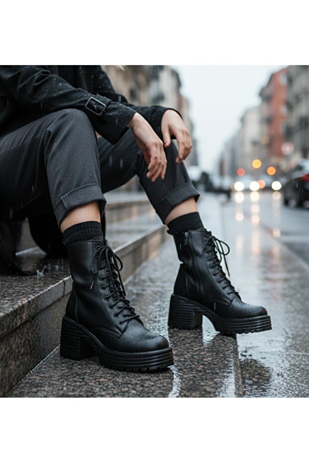 Jane Black Zippered and Laced Leather Women's Heeled Boots