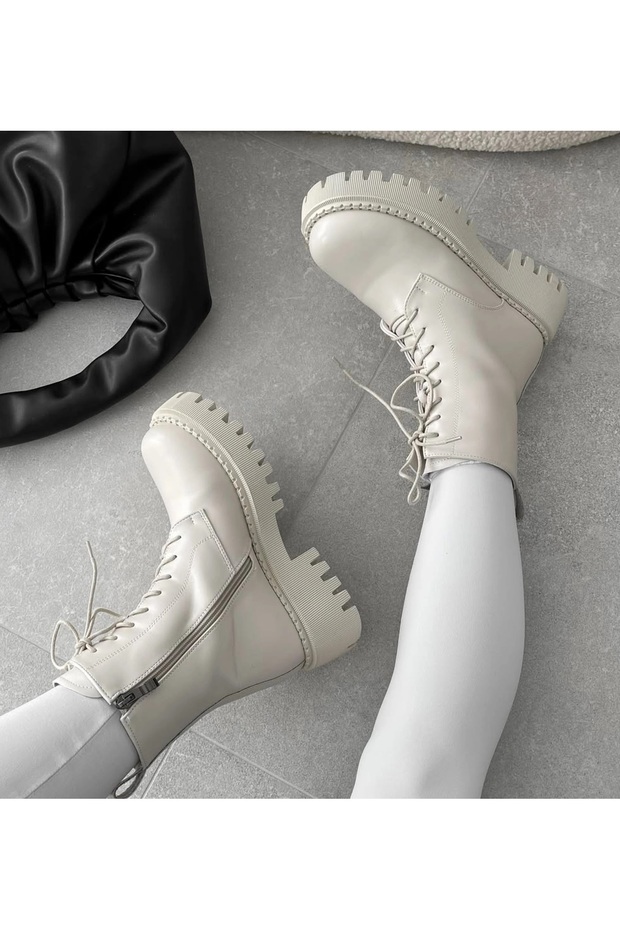 Vela Beige Women's Lace-up Zipper Detail Leather Boots