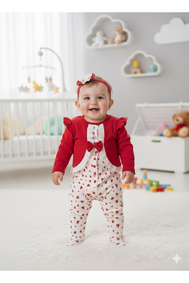 Girls Long Sleeve Reported Fabric Red Heart Printed Jacket Looking Like a Jumpsuit Set