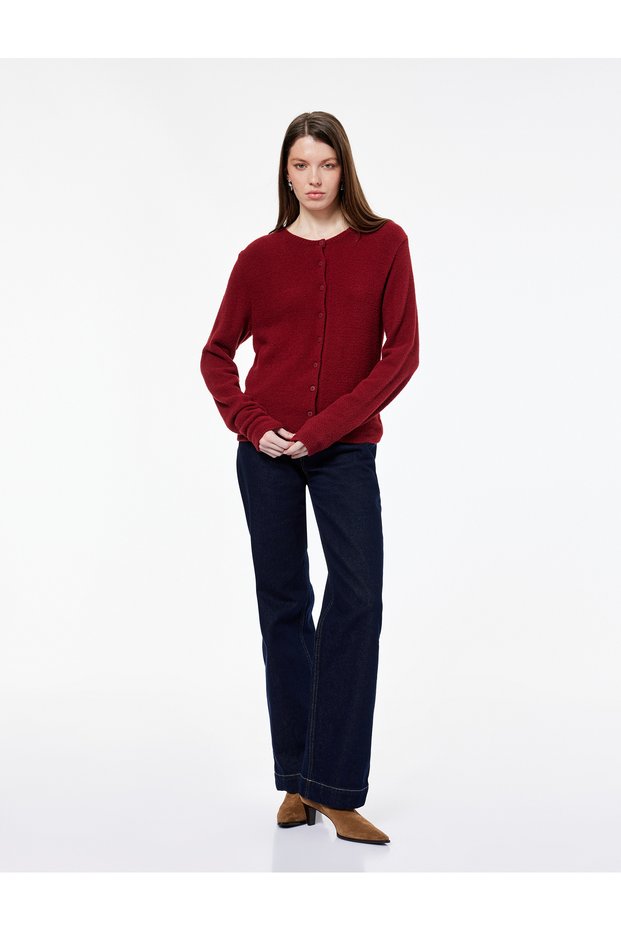 Long Sleeve Crew Neck Buttoned Plush Knit Cardigan