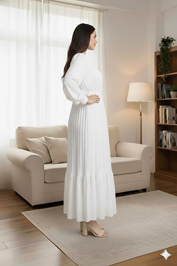 Piliseli Şifon Tesettür Elbise - 3