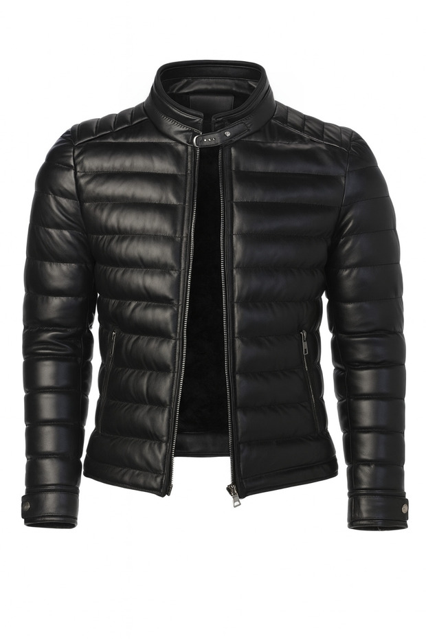 Men's Black Slim Fit Water-Repellent Fur-Lined Thick Puffer Leather Jacket & Coat