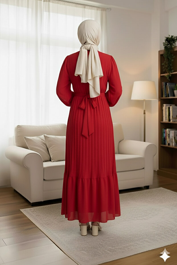 Piliseli Şifon Elbise - 6