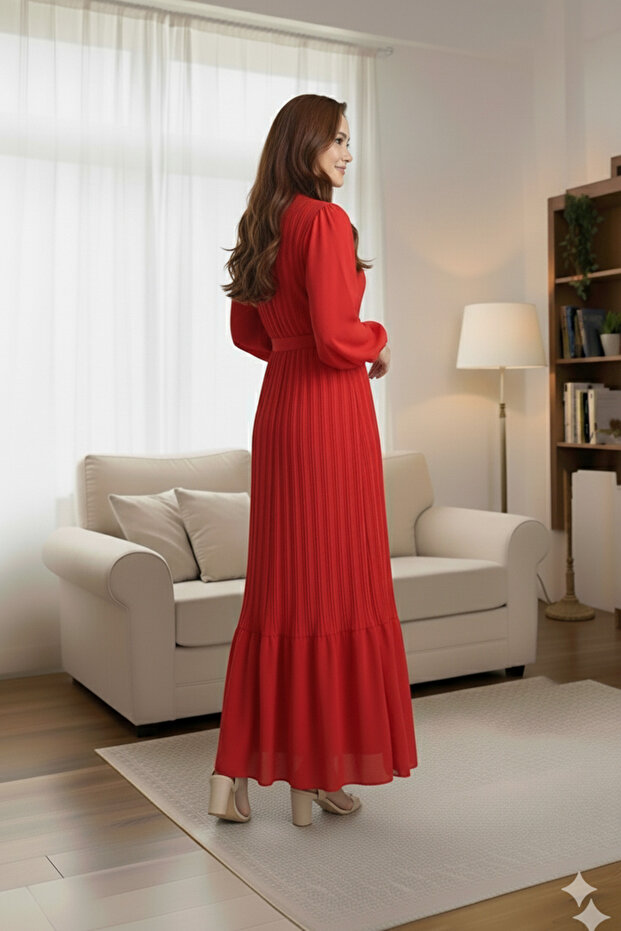 Piliseli Şifon Elbise - 5