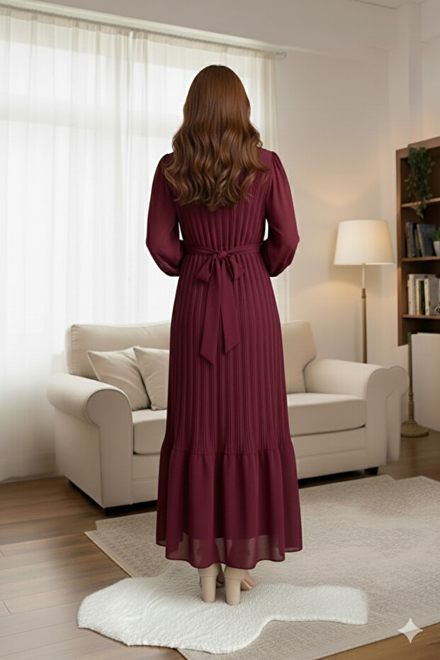 Piliseli Şifon Elbise - 5