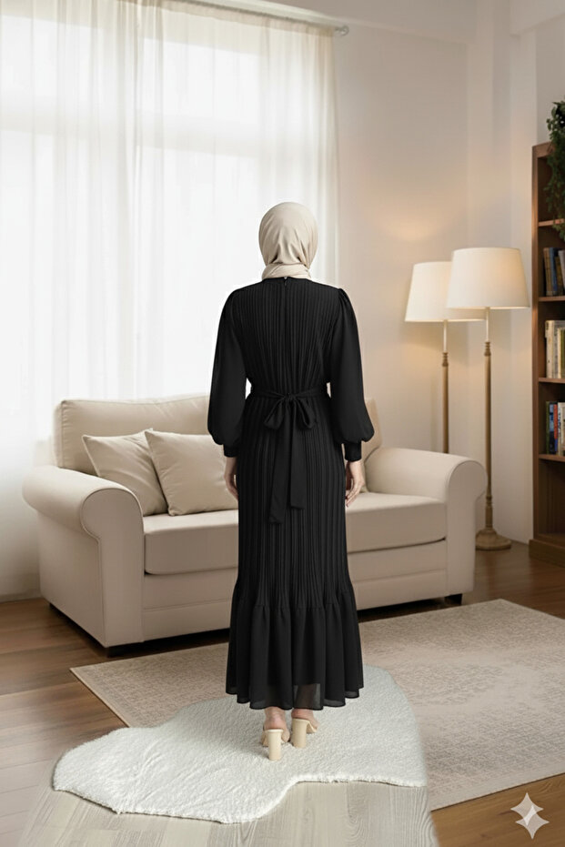 Piliseli Şifon Elbise - 5