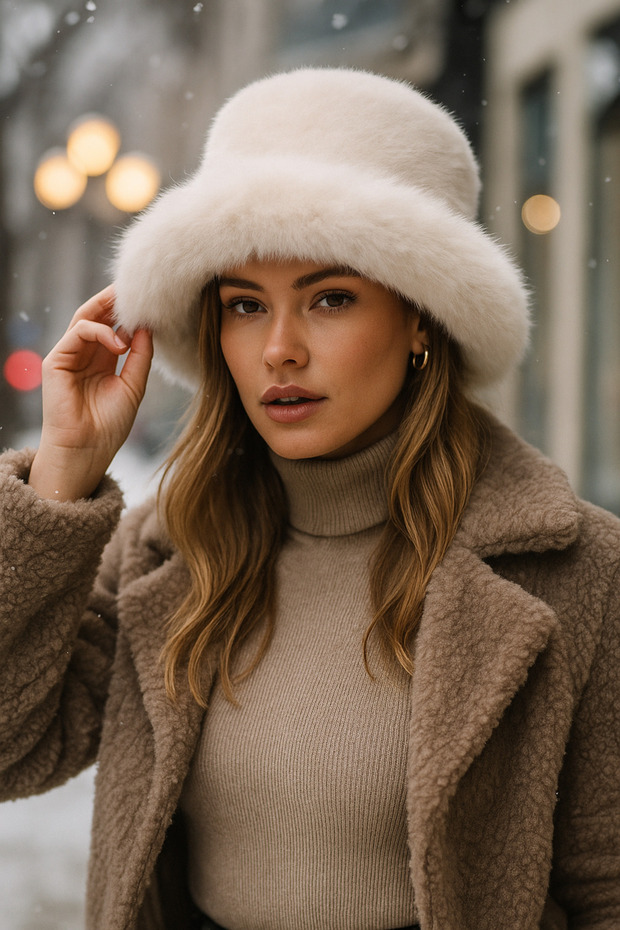 Beige Thick Plush Kalpak Hat - Beanie Warm Stylish Outdoor Cold Protection Spk1143