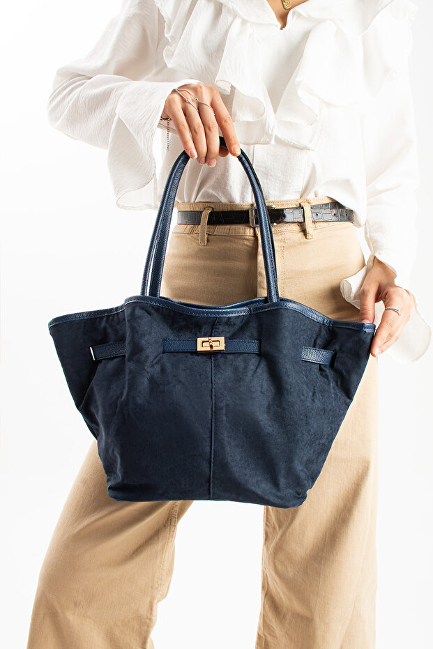 Suede Women's Navy Blue Shoulder Bag - Crossbody Stylish Bag with Belt Accessory