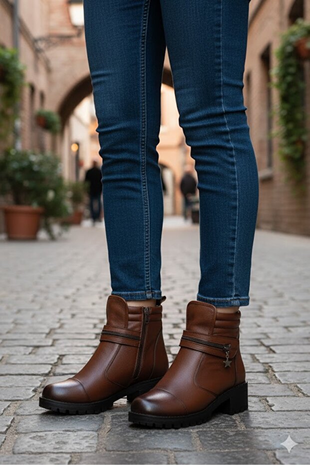 42836 Tan Original Genuine Leather Fur Lined Non-Slip Sole Women's Boots