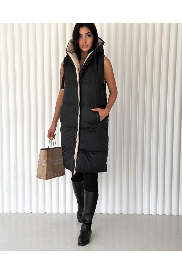 Kapşonlu Çift Taraflı Şişme Yelek -Siyah - 4