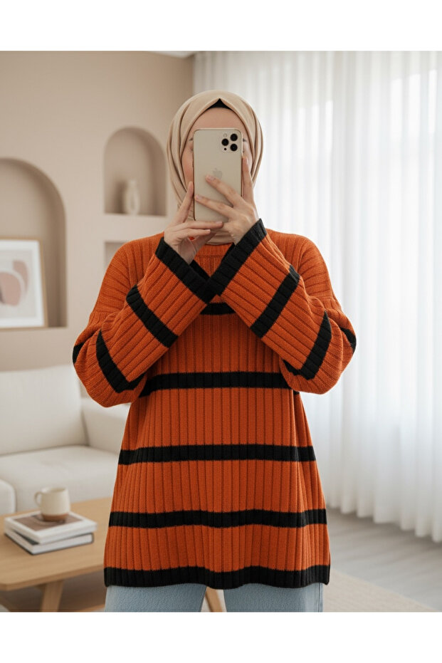 Gestreifter Strickpullover mit weiten Ärmeln - Orange - 1