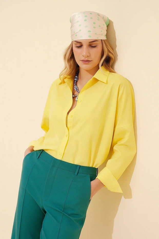 Kadın Oversize Uzun Basic Sarı Gömlek - 2