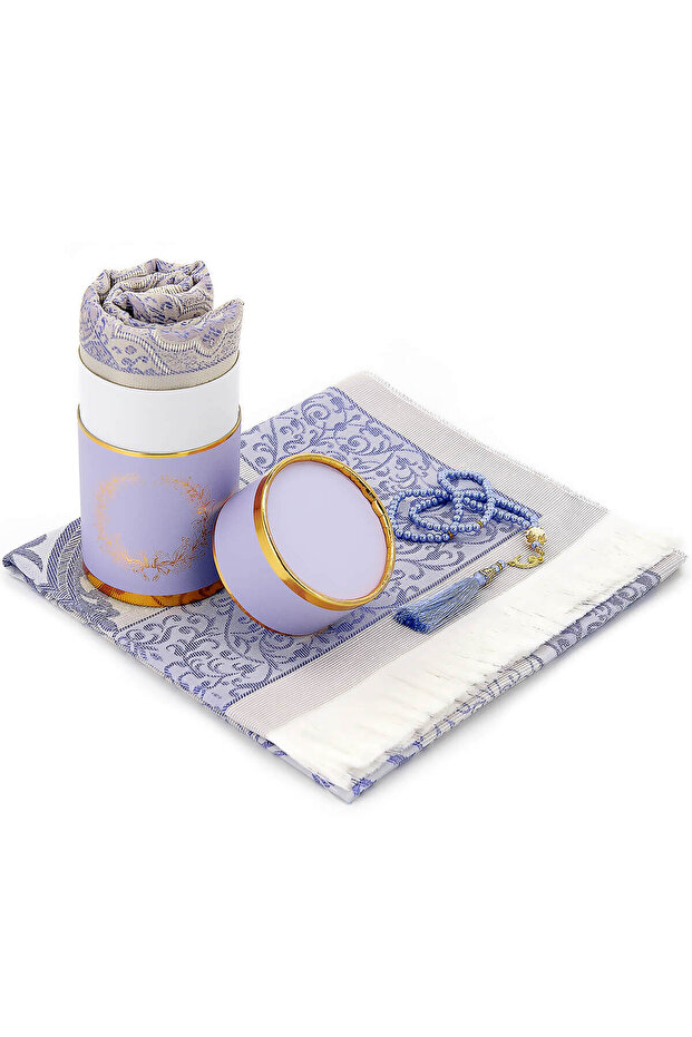 Dowry Gift Cylinder Boxed, Prayer Rug Set with Pearl Prayer Beads - Lilac