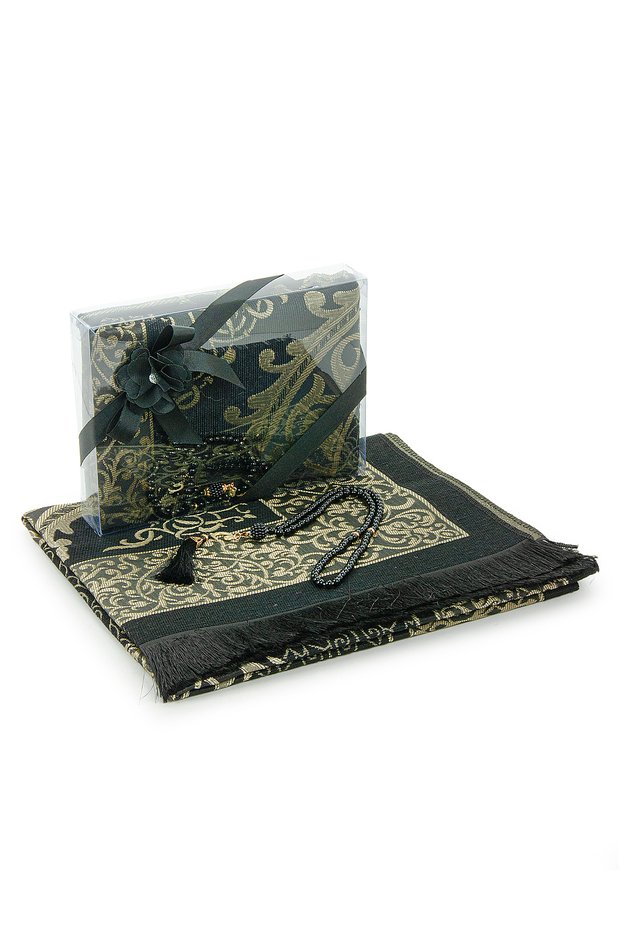 Dowry Prayer Rug Set with Gift Box and Pearl Prayer Beads Suitable for Bride and Groom Bundle Black