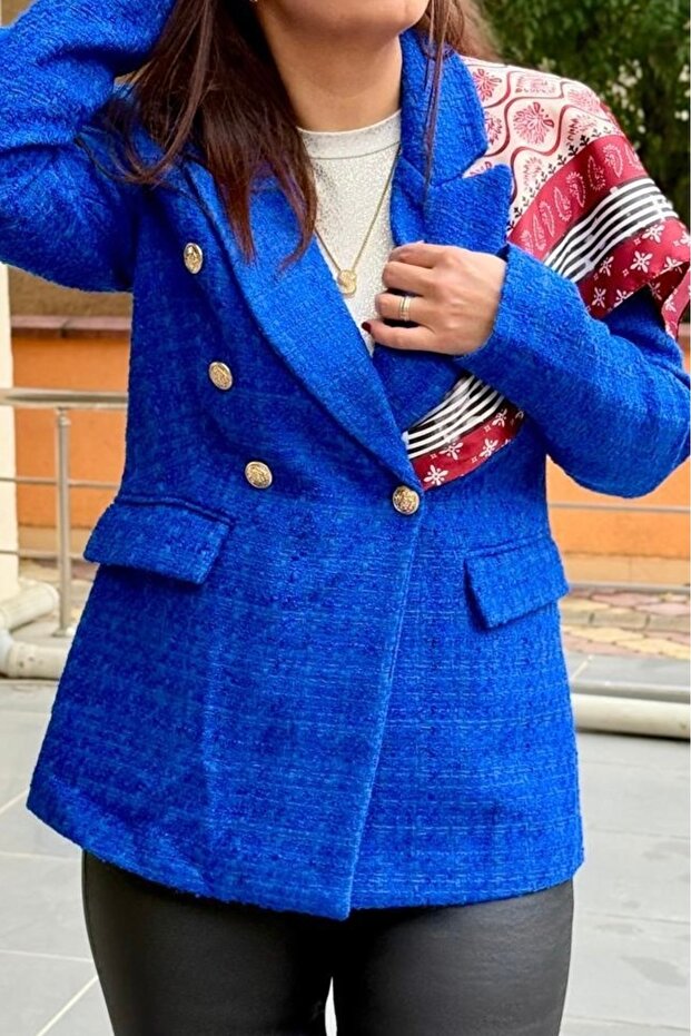 Sax Blue Tweed Fabric Gold Button Detail Lined Double-Breasted Blazer Jacket Key35793