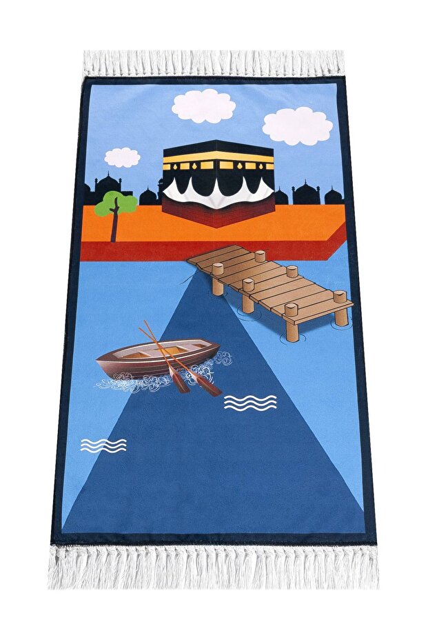 Digital Printed Children's Prayer Rug - Blue Color with Skis and Cable - 44 X 78 cm