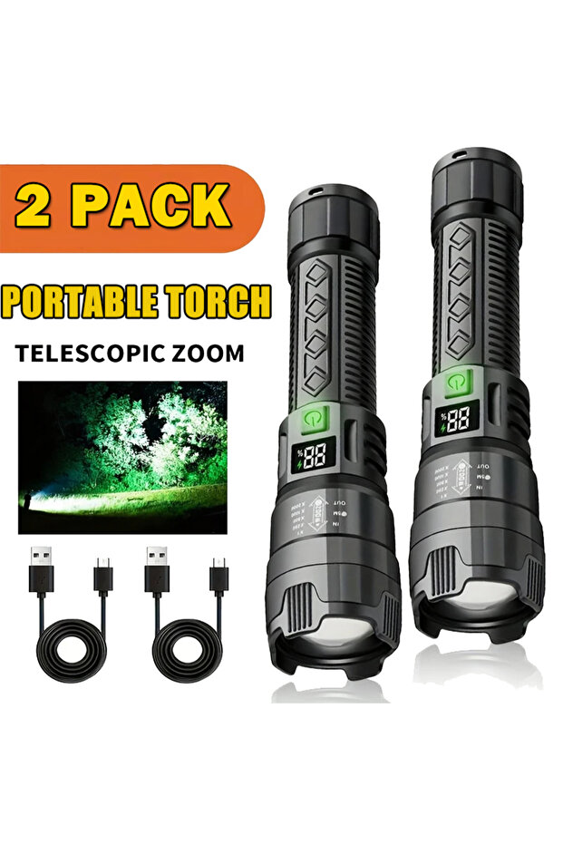 P50 2PCs High Strong Power Led Flashlights 300000LM Tactical Torch with Display Light USB Charging C