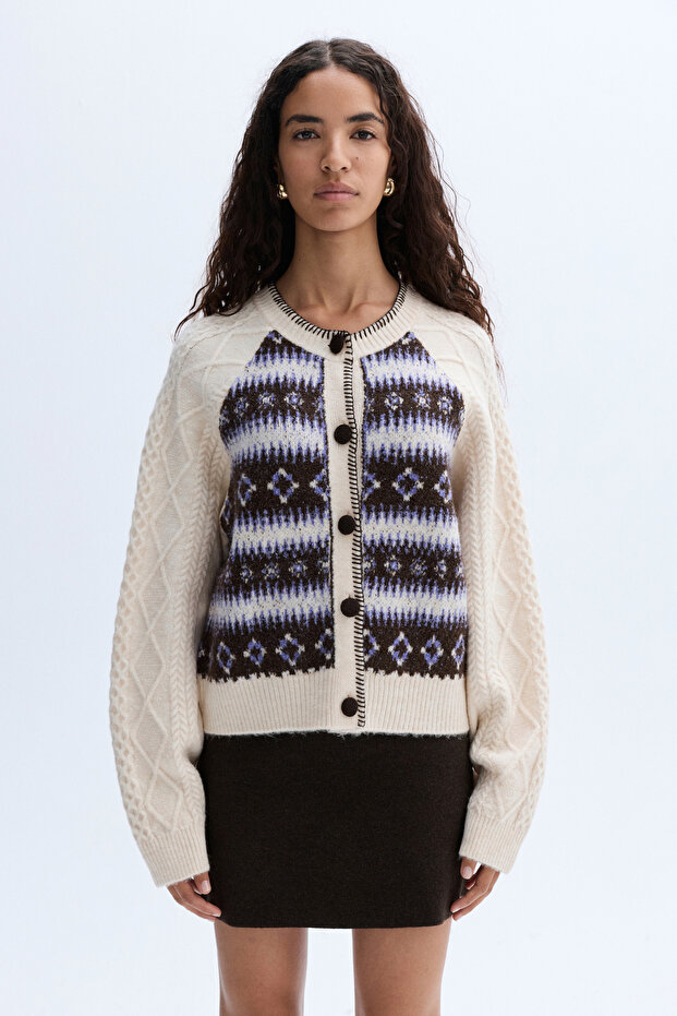 Women's Ecru Jacquard Crew Neck Cardigan