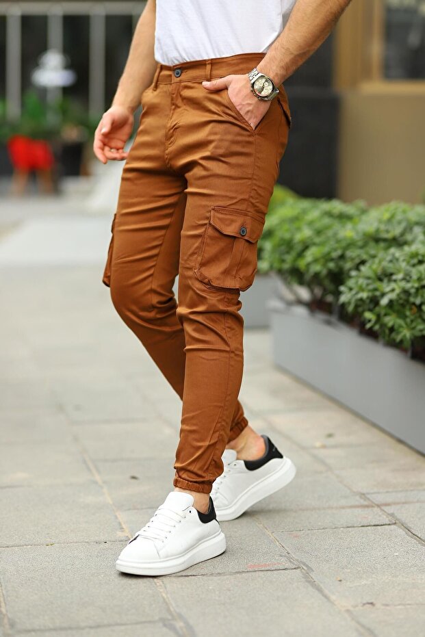 Erkek Basic Kargo Cepli Lastikli Paça Camel Pantolon - 7