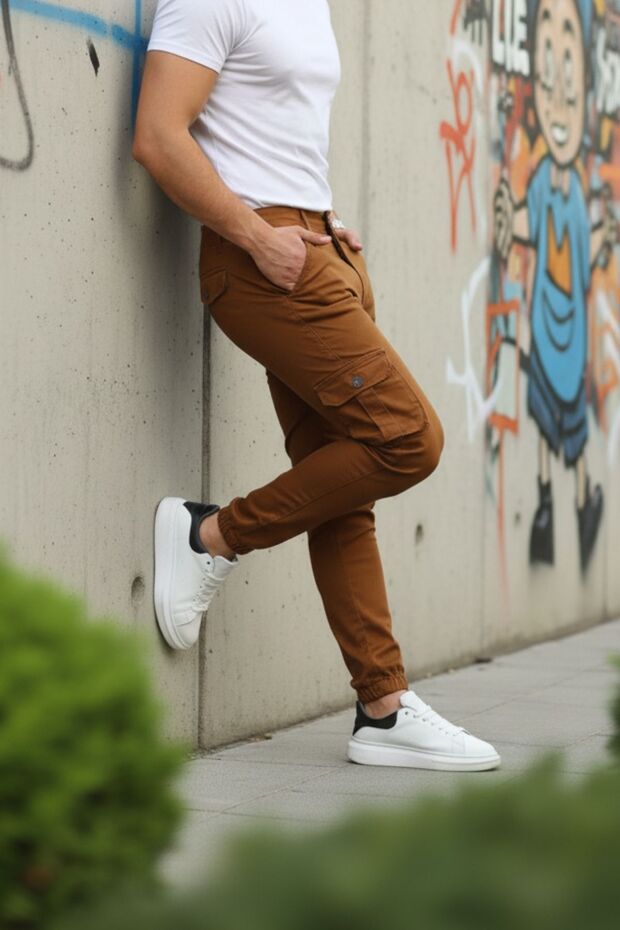 Erkek Basic Kargo Cepli Lastikli Paça Camel Pantolon - 5