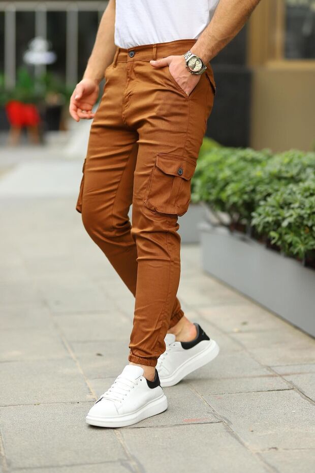 Erkek Basic Kargo Cepli Lastikli Paça Camel Pantolon - 1
