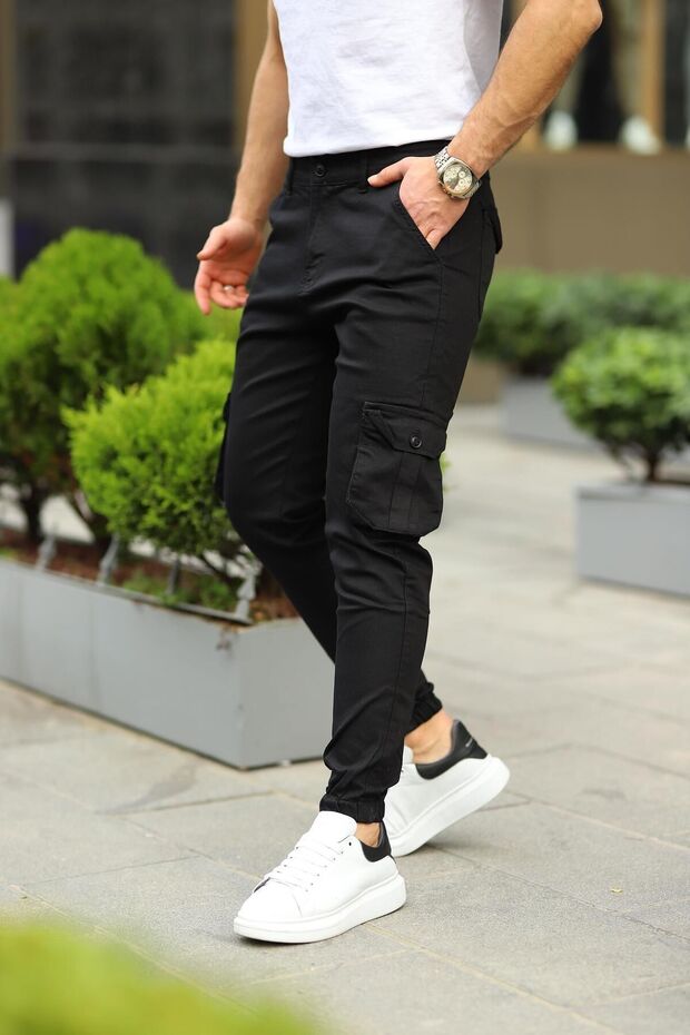 Erkek Basic Kargo Cepli Lastikli Paça Siyah Pantolon - 1