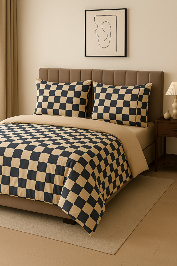 U Ykulife One Person Elastic Sheet Checkers Pattern Duvet Cover Set