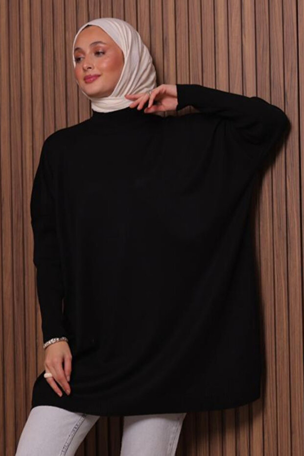 Kadın Dik Yaka Basic 80cm Salaş Oversize Triko Tunik 3132 - 5