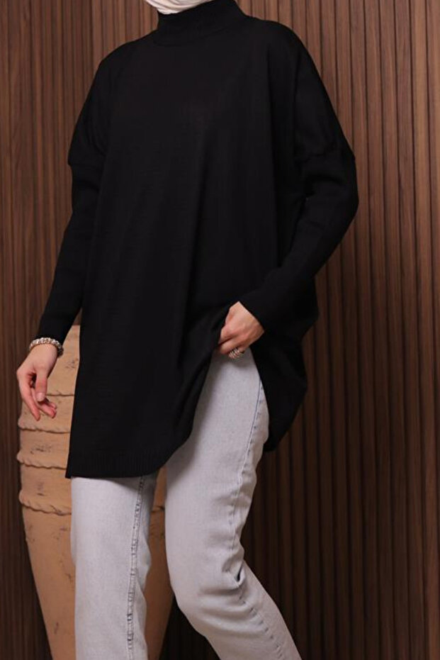 Kadın Dik Yaka Basic 80cm Salaş Oversize Triko Tunik 3132 - 7