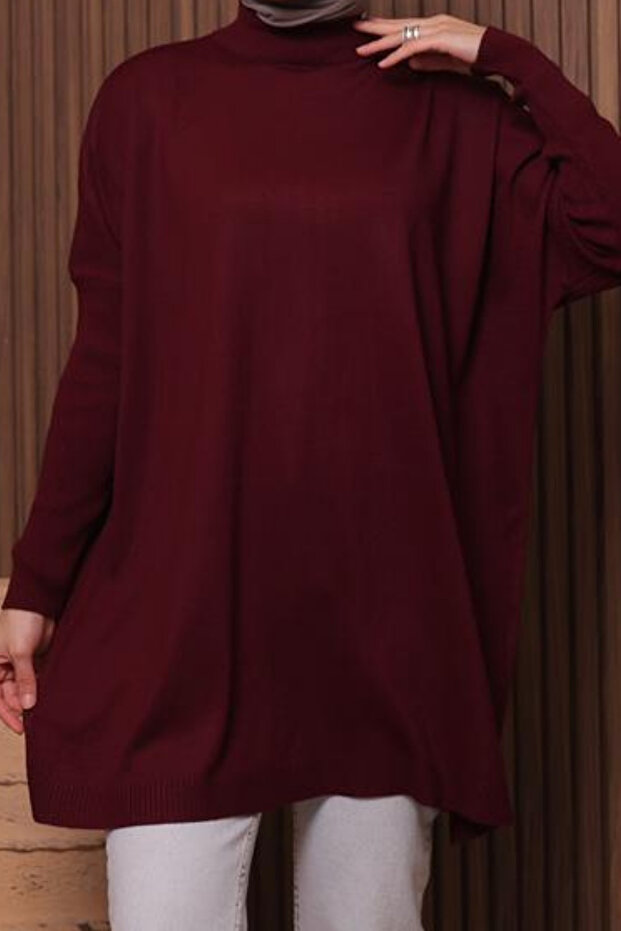 Kadın Dik Yaka Basic 80cm Salaş Oversize Triko Tunik 3132 - 2