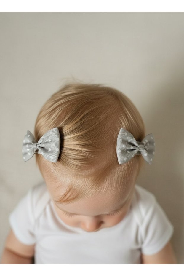 Gray White Polka Dot Hairless Baby Buckle, Double Cute Hair Pain-Free Ribbon Hairless Baby Buckle