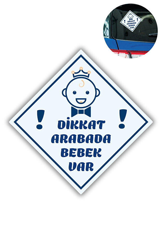 Attention Baby in Car - with Bow Tie, Blue Sticker – 10X10 cm Warning Label for Glass, Single