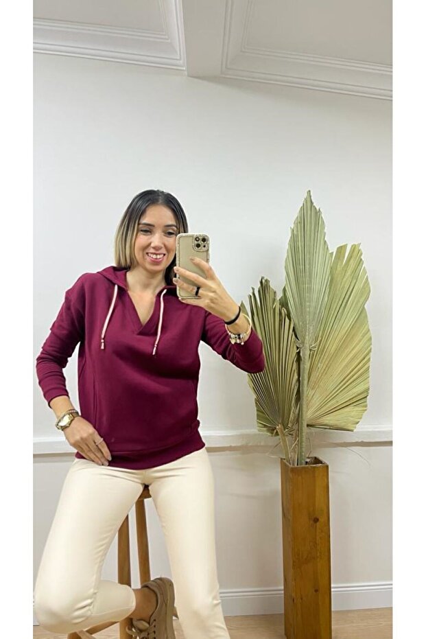 V YAKA KAPÜŞONLU SWEATSHİRT - 6
