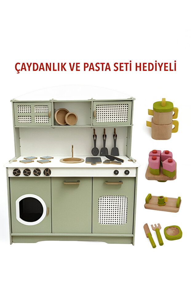 HOBBY HOUSE Ihlamur Siyah Aksesuarlı Çocuk Ahşap Mutfak Seti Çaydanlık Pasta Seti Hediyeli