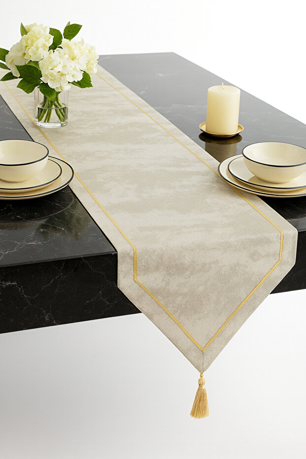 مفرش طاولة مستورد من القماش مستطيل الشكل مزين بشراشيب 40 × 110 سم - 3